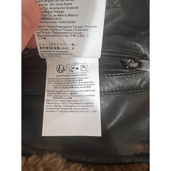 HUGO BOSS Mens Black Textured Leather Shearling Collar Aviator Jacket NWT - Picture 11 of 12